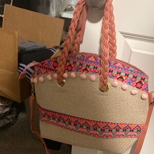 Boho Pink Pom-Pom Straw Tote Bag